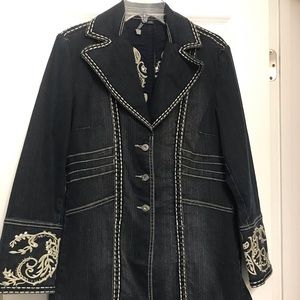 Embroidered and embellished denim pea coat